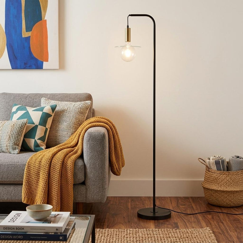Metal Arched Floor Lamp With Black Linen Drum Shade - Black