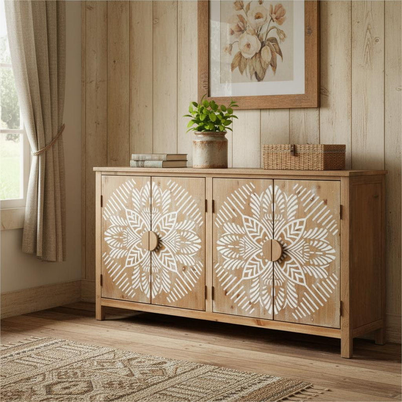 Wood Carved Floral Accent Cabinet With Four Doors - Brown / White
