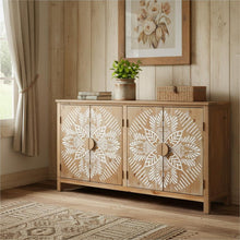 Load image into Gallery viewer, Wood Carved Floral Accent Cabinet With Four Doors - Brown / White
