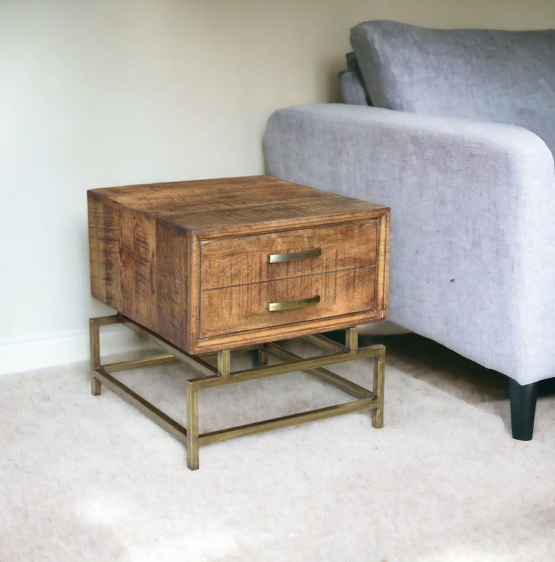 Solid Wood And Iron Square End Table With Drawer - Brass And Brown