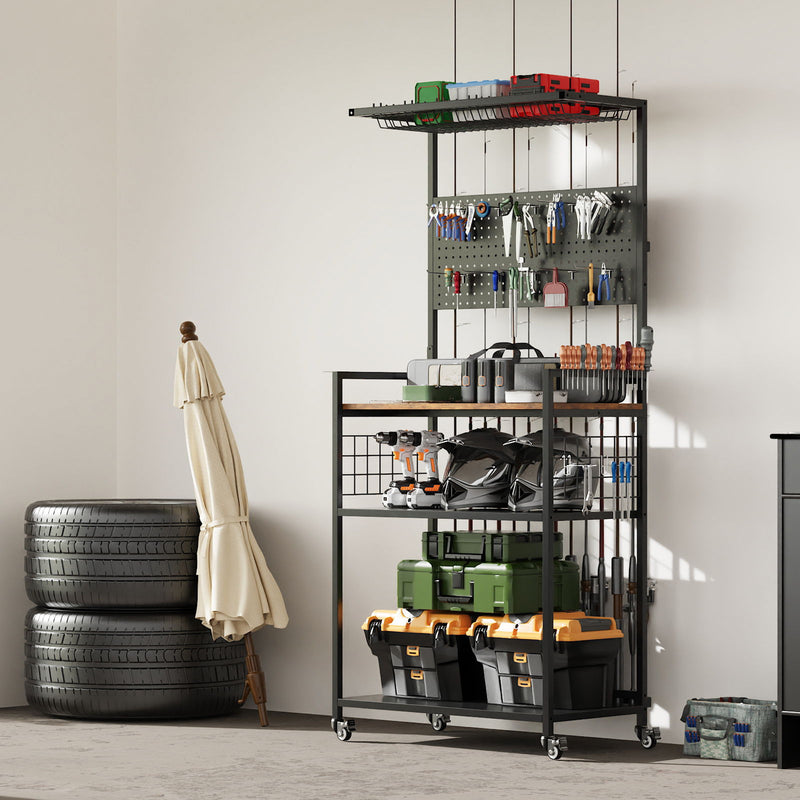 Fishing Rod Storage Rack With Pegboard, Rolling Tackle Organizer Cart - Black