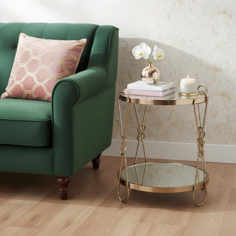 Mirrored And Metal Round End Table With Shelf - Gold