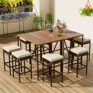 GO 10-Piece Outdoor Acacia Wood Bar Height Table And Eight Stools With Cushions, Garden PE Rattan Wicker Dining Table, Foldable Tabletop, High-Dining Bistro Set, All-Weather Patio Furniture, Brown