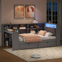 Load image into Gallery viewer, Platform Bed With Upholstered Headboard, Storage Shelves, Drawers, Charging Station, LED Lighting, Built In Desk
