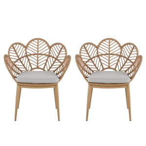 Kirk - Outdoor Wicker Peacock Shape Papasan Style Chair, Teak Finished Leg (Set of 2) - Beige / Light Brown / Light Teak