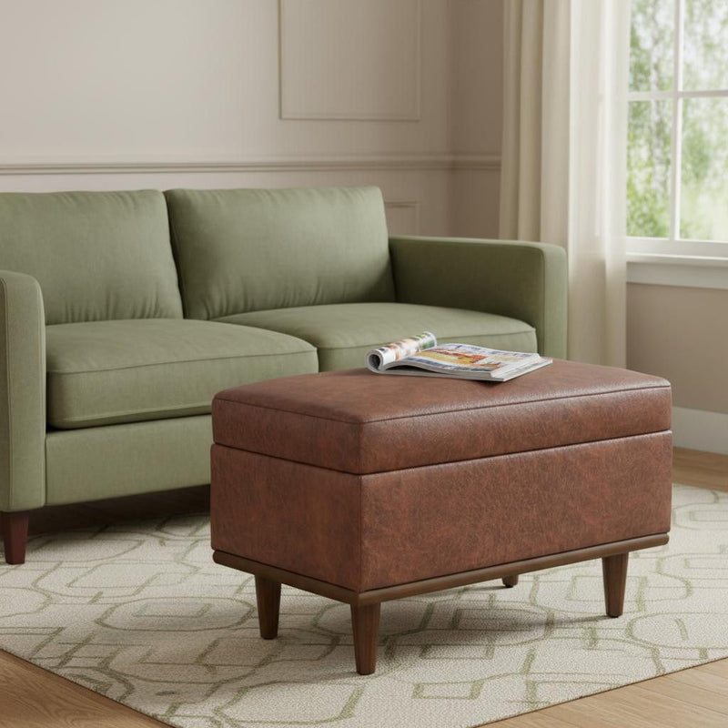 26" Leather Cocktail Ottoman With Storage - Brown / Walnut