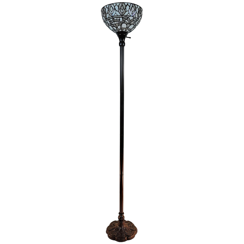 Traditional Shaped Floor Lamp With White Peacock Feather Stained Glass Dome Shade - Brown