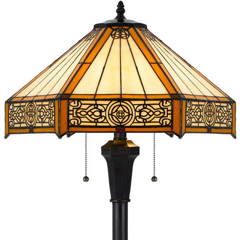 Two Light Traditional Shaped Floor Lamp With Orange And Ivory Abstract Tiffany Glass Empire Shade - Bronze