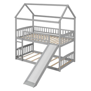 Twin Over Twin Bunk Bed with Slide, House Bed with Slide, Gray(OLD SKU: LT000213AAE