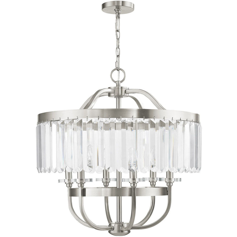 25" Six Light Metal Dimmable Chandelier With Shades - Nickel / Clear