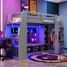 Load image into Gallery viewer, Gaming Loft Bed With Desk, Multi Storage Shelves, LED Lighting, And Hanging Clothes Rack
