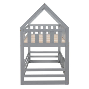 Twin over Twin House Bunk Bed with Fence and Door, Gray