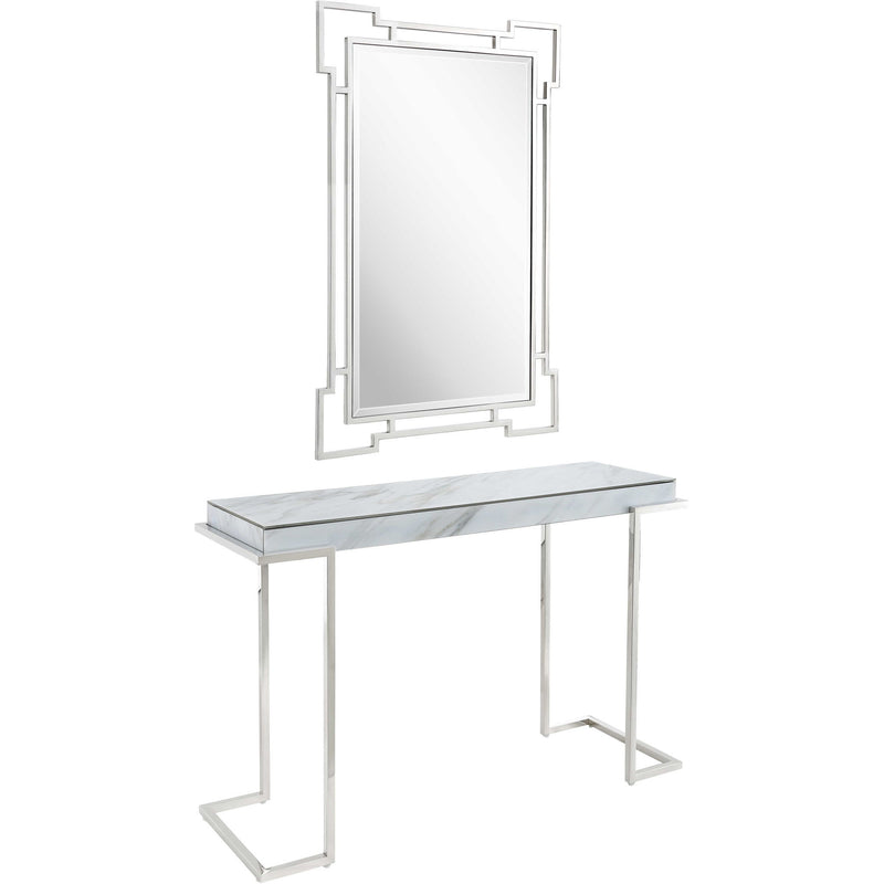 Faux Marble Mirrored Sled Console Table (Set of 2) - White And Silver