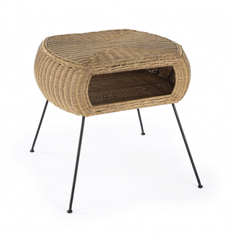 Distressed Rattan And Iron Round End Table With Shelf - Black And Brown