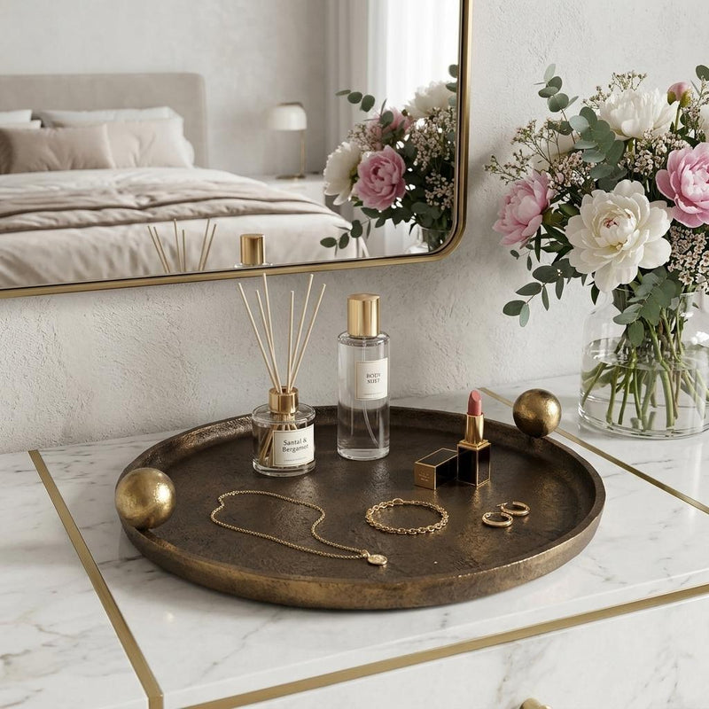 Aluminum Hand Finished Oval Vanity Tray With Handles - Antiqued Gold
