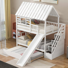 Load image into Gallery viewer, Twin over Twin House Bunk Bed with Trundle and Slide, Storage Staircase, Roof and Window Design, White(Old SKU: GX000931AAK)
