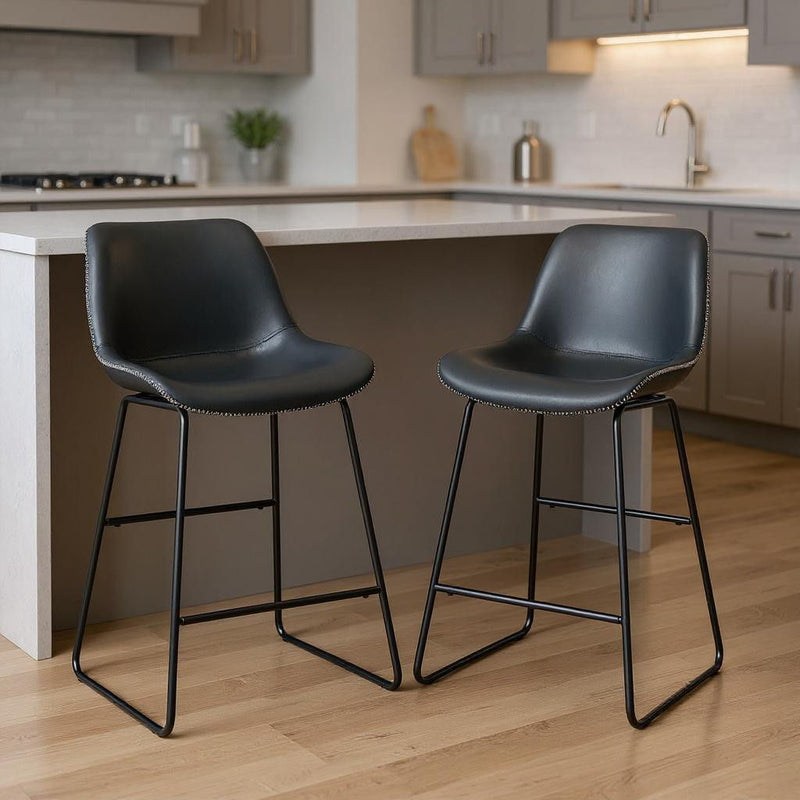 Faux Leather And Metal Low Back Counter Height Bar Chairs (Set of 2) - Black