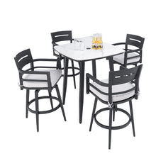 Load image into Gallery viewer, Modern Outdoor Patio Bar Set, Rounded Square Table &amp; Bar Chairs, Non Rust Frame, Tapered Legs, Sunbrella Cushion
