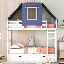 Load image into Gallery viewer, Twin Over Twin Bunk Bed Wood Bed with Tent and Drawers, White+Blue Tent
