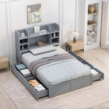 Load image into Gallery viewer, Multi-functional Full Size Bed Frame with 4 Under-bed Portable Storage Drawers and Multi-tier Bedside Storage Shelves, Grey
