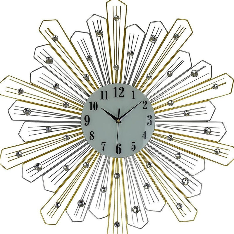 Faux Crystals Silent Analog Sunburst Wall Clock - Gold / Silver / White