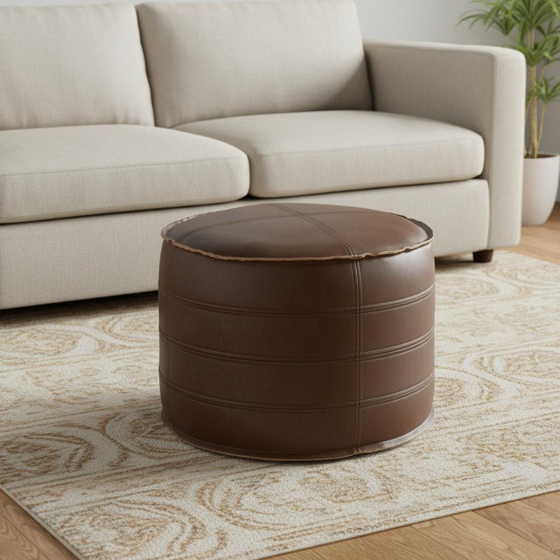 20" Faux Leather Round Pouf Ottoman - Brown
