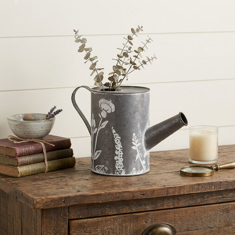 Galvanized Flowers Hand Painted Decorative Watering Can (635817) - Gray / White
