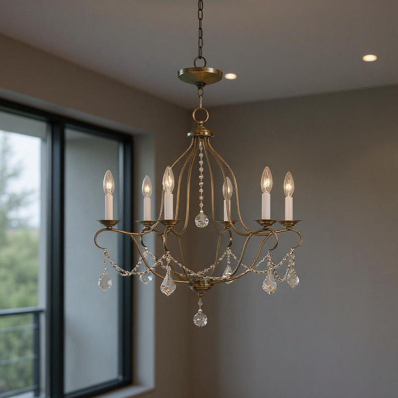 26" Six Light Dimmable Chandelier With Shades - Antiqued Brass