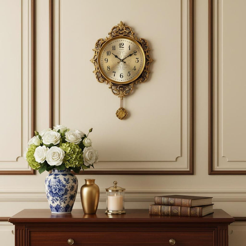 Silent Pendulum Ornate Round Wall Clock (626564) - Gold / Black