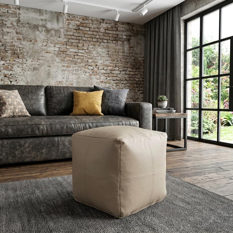 Faux Leather Cube Pouf Ottoman - Beige And Natural