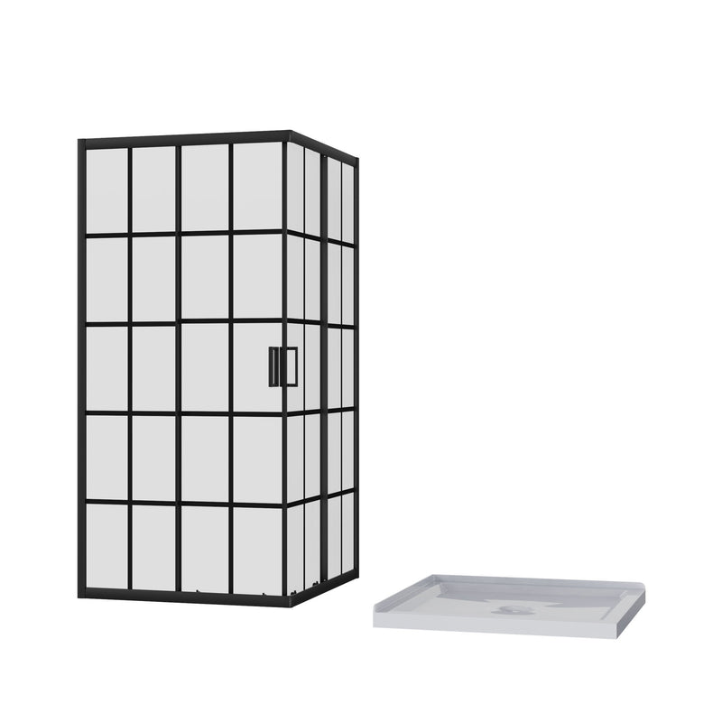 Corner Shower Enclosure Double Sliding Door & Shower Base - Matte Black