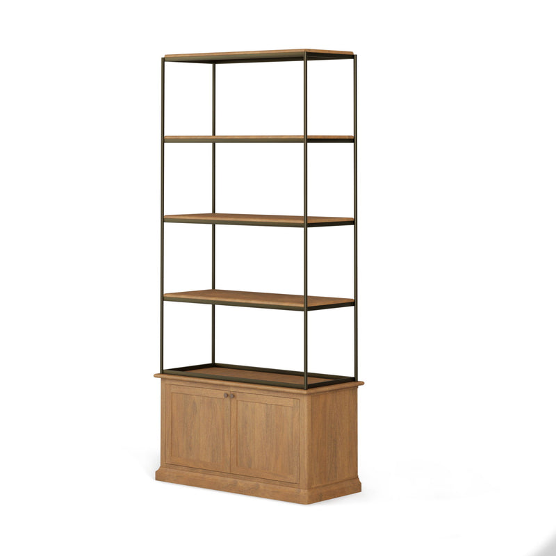 Four Tier Bookcase With Two Doors - Antiqued Brass / Light Brown