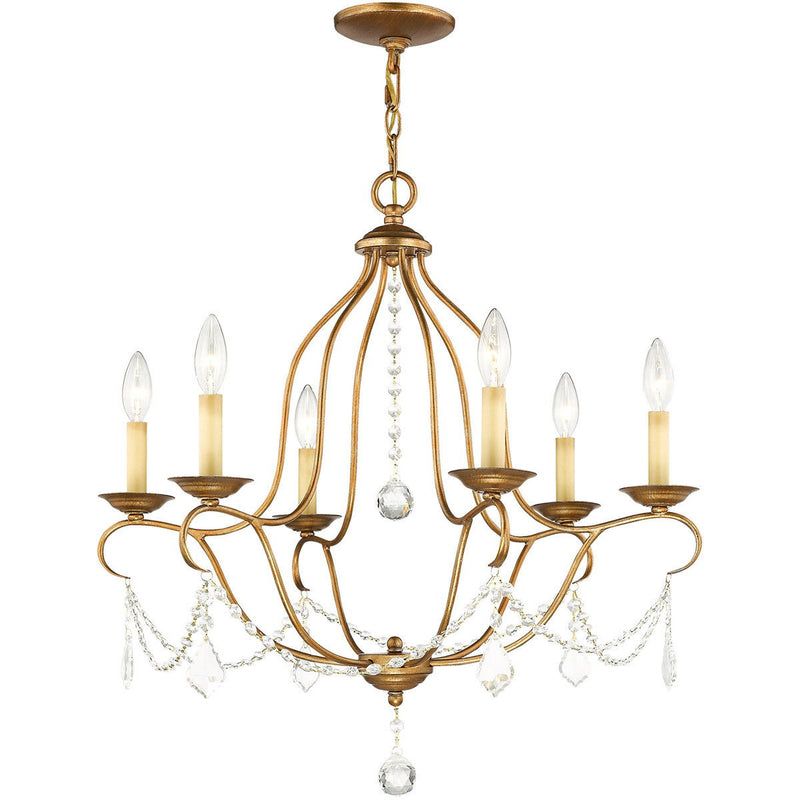26" Six Light Dimmable Chandelier With Shades - Antiqued Gold