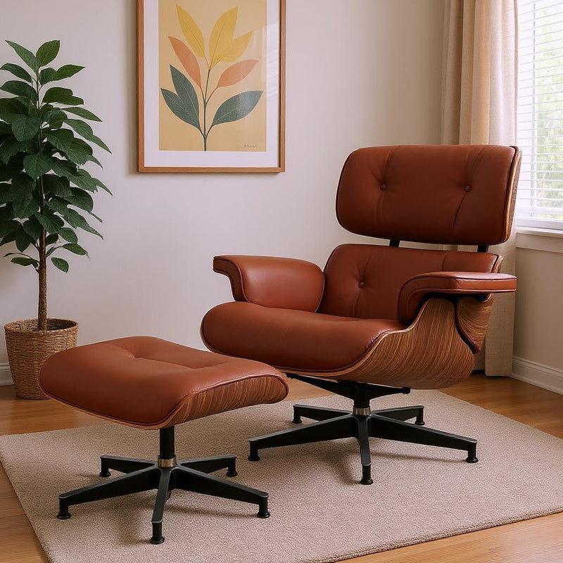 27" Tufted Genuine Leather Swivel Lounge Chair With Ottoman - Light Brown / Walnut
