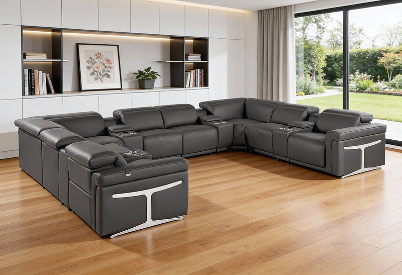 Italian Leather Power Reclining U Shaped Twelve Piece Sectional With Console - Dark Gray