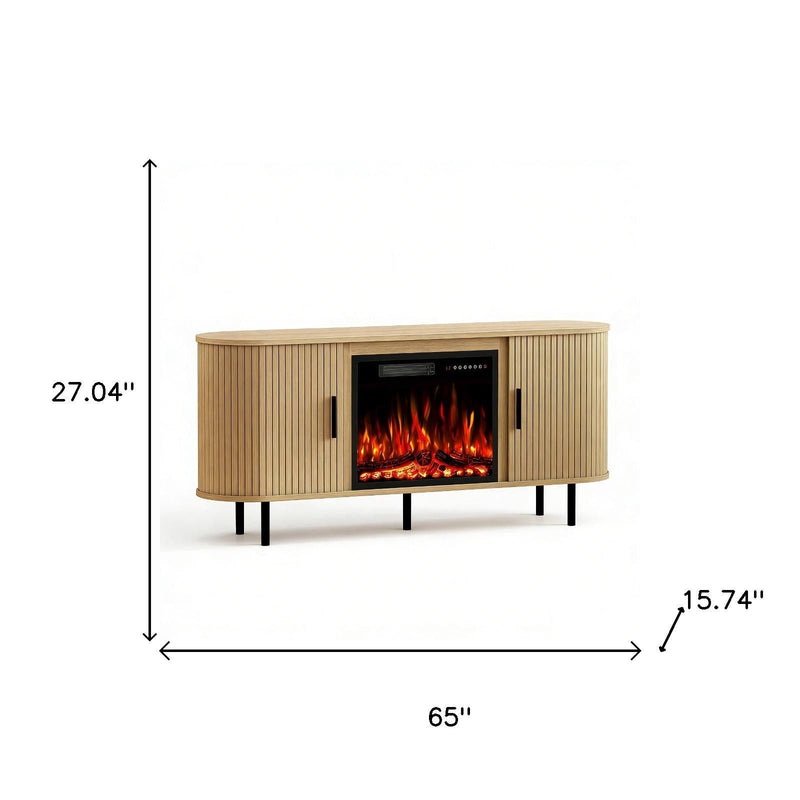 Ribbed Texture Wood TV Stand With Fireplace - White