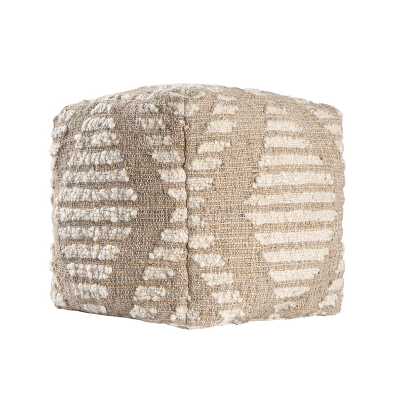 Cotton Jute Wool Geometric Cube Pouf Ottoman - Ivory