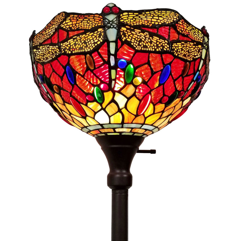 Traditional Shaped Floor Lamp With Red Yellow And Brown Dragonfly Stained Glass Dome Shade - Brown