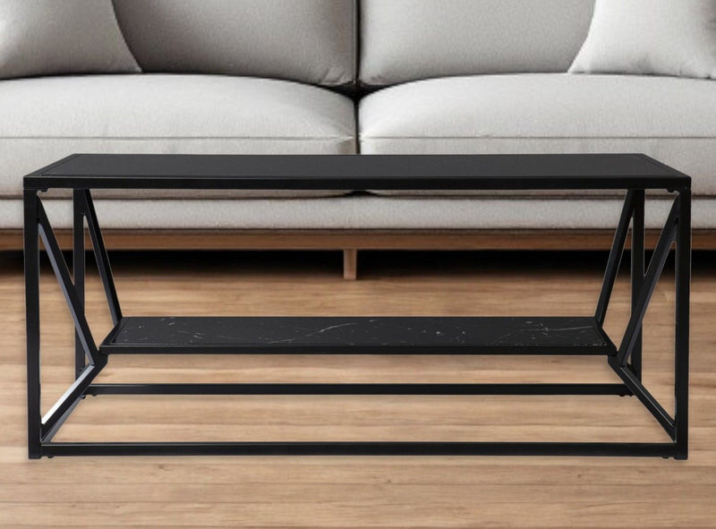 Glass Faux Marble Metal Coffee Table With Shelf - Black