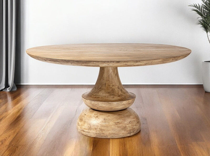 60" Rounded Solid Wood Pedestal Base Dining Room Table - Natural