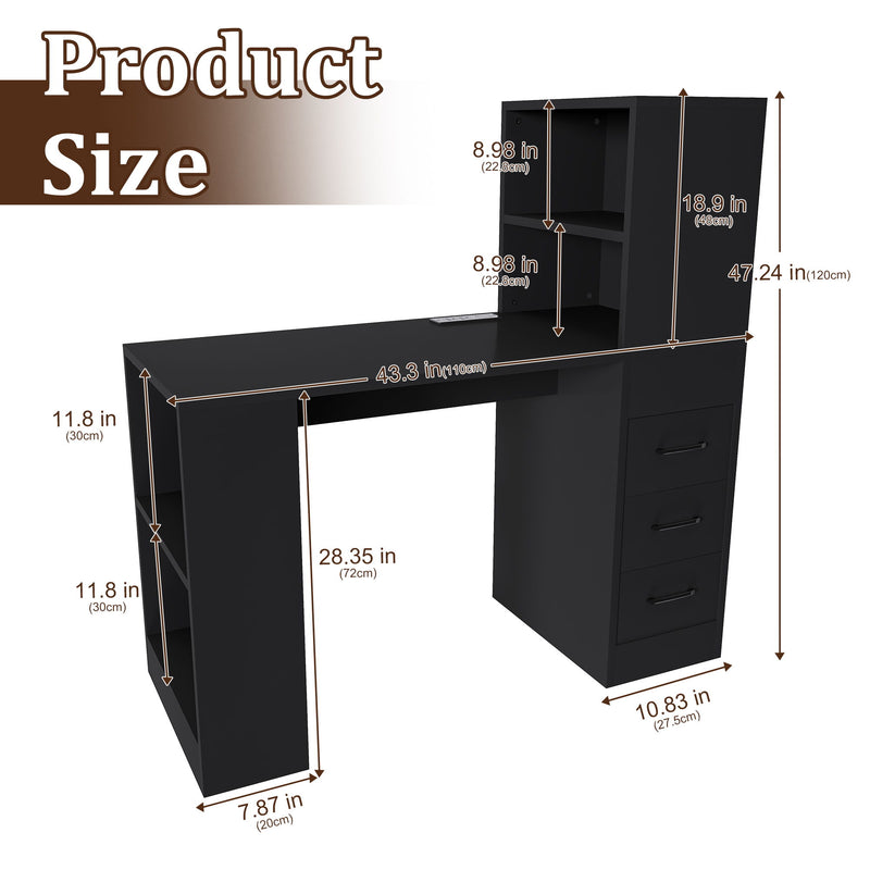 Computer Desk With 4 In 1 Socket & 3 Drawers, 4 Tier Shelves