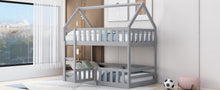 Load image into Gallery viewer, Twin over Twin House Bunk Bed with Fence and Door, Gray
