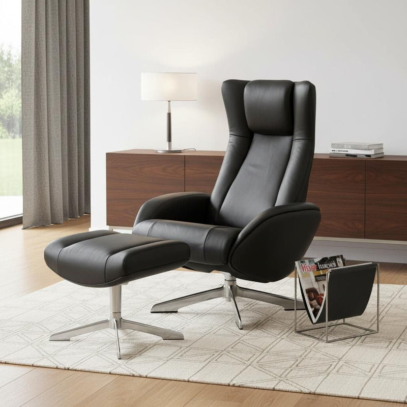 Tufted Genuine Leather Manual Swivel Recliner With Ottoman (730564) - Black