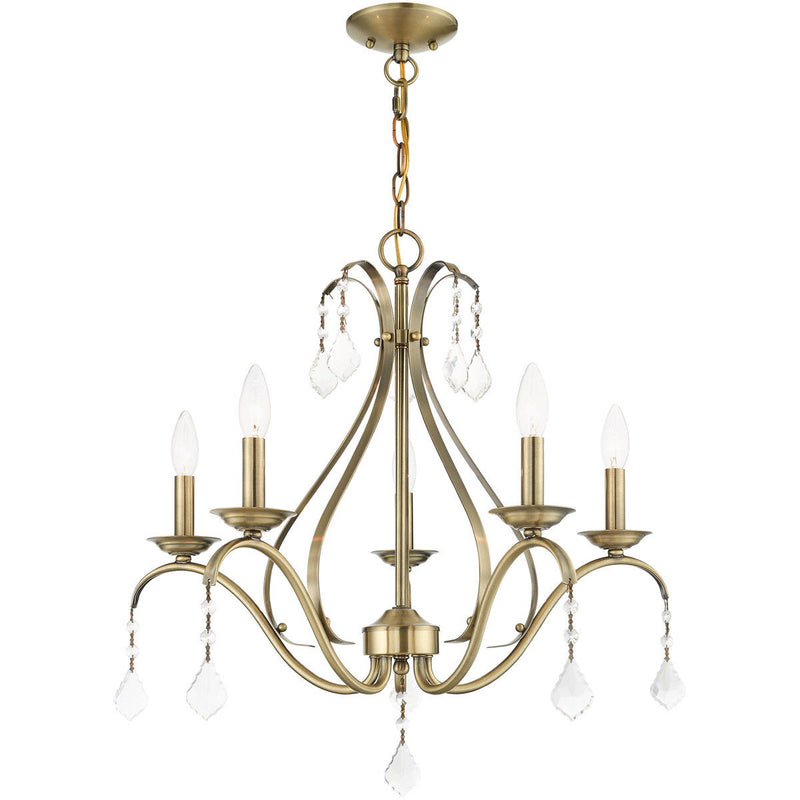 23" Five Light Dimmable Chandelier With Shades - Antiqued Brass