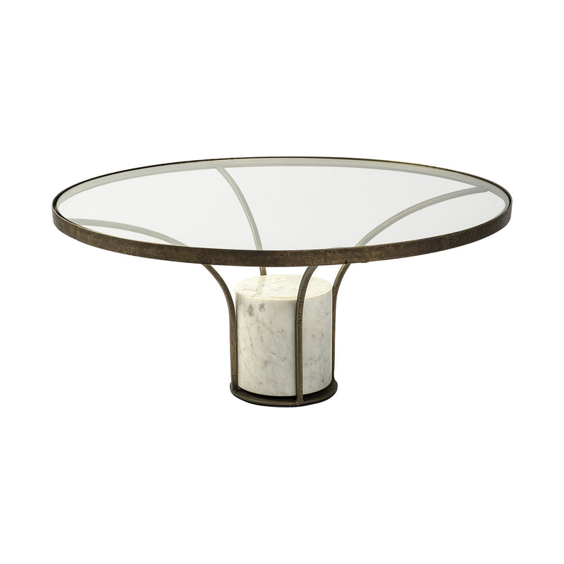 Glass And Stone Round Coffee Table - Clear And White And Gold