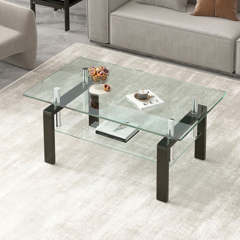 39" Glass And Steel Coffee Table With Shelf - Clear / Black