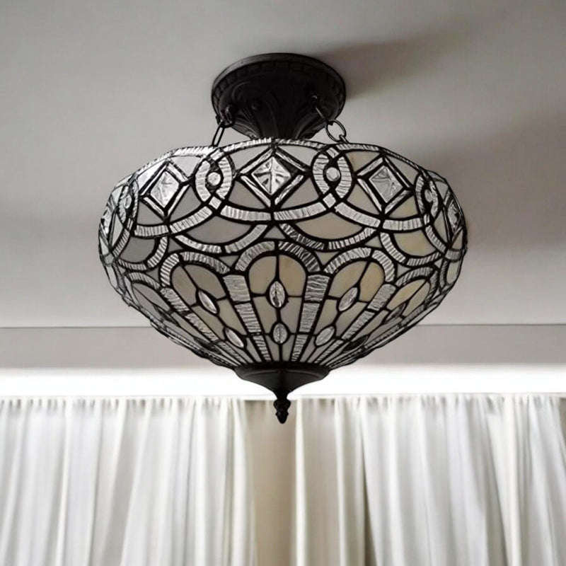 Tiffany Style Two Light Glass Dimmable Semi Flush Ceiling Light - Black / Gray