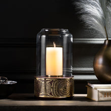Load image into Gallery viewer, Boho Handcrafted Mango Wood Hurricane Candle Holder With Tempered Glass And Metal Accents - Brown
