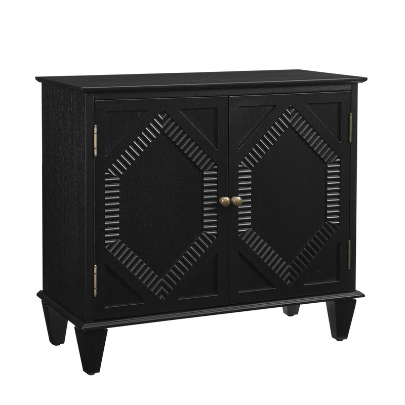 Wood Carved Geometric Accent Cabinet With Two Doors - Black
