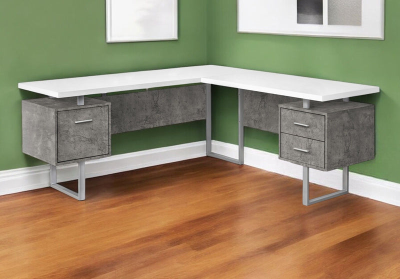 L Shape Computer Desk With Three Drawers - White And Gray